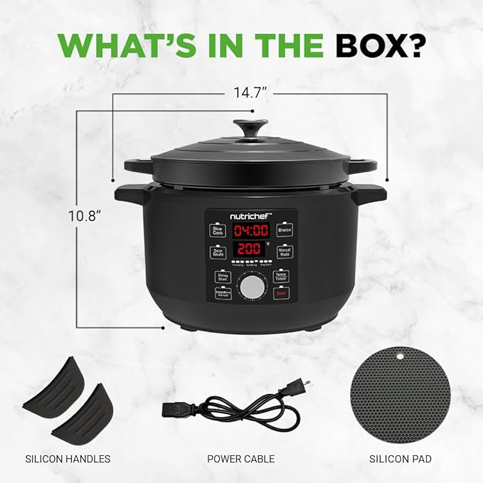 Nutrichef 6 Quart Electric Dutch Oven | 1500W 5-in-1 Enamel Coated Cast Iron Pot with Stainless Steel Lid | Precise Temperature Control | Includes 2 Silicone Pot Holders & Heat Resistant Pad | Black