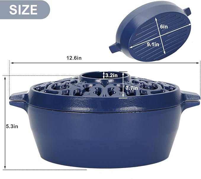 Wood Stove Steamer Humidifier, 2.5 Quart Cast Iron Pot with Porcelain Enamel Coating & Lattice Top, Rust Resistant, Decorative Humidifier for Fireplace, Home Indoor Use (Blue)