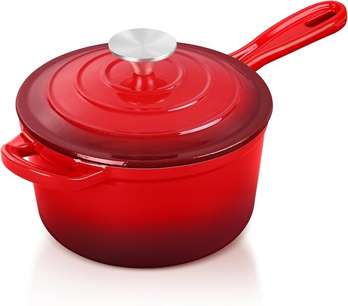 TeamFar 2QT Enameled Cast Iron Sauce Pan, Small Sauce Pot with Lid, Mini Dutch Oven Saucepan for Cooking/Simmering/Baking/Boiling, Sturdy & Nonstick, Oven Safe & Fit for Induction-Red