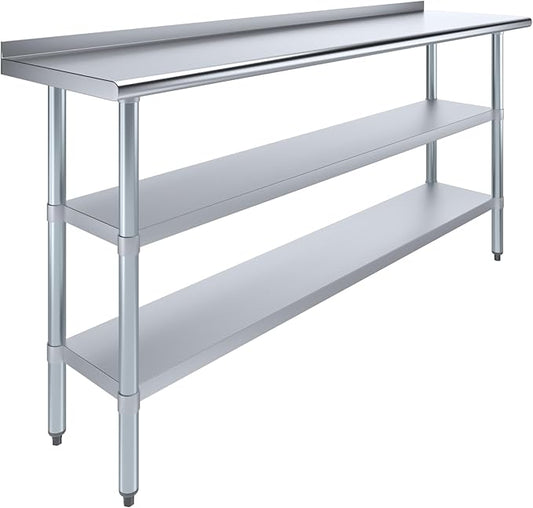 AmGood Stainless Steel Work Table with 1.5" Backsplash and 2 Shelves | Metal Kitchen Food Prep Table | NSF (72" Long x 18" Deep)