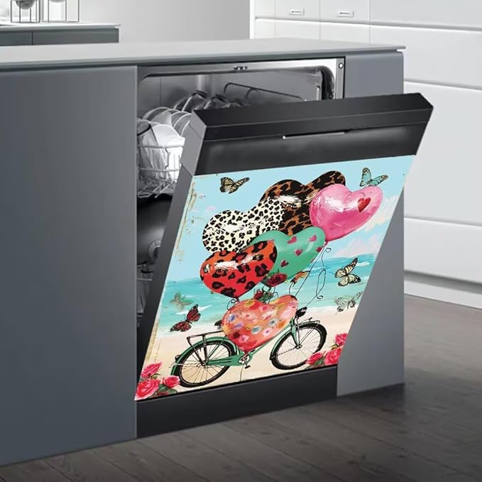 Dishwasher Magnet Cover, Heart Balloons Bicycle Butterfly Refrigerator Magnetic Vinyl Sticker for Dishwasher Door, Valentine's Day Decorative Kitchen Appliance Panel Decal, 23Wx26H Inches