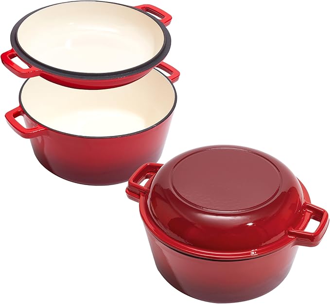 2 in 1 Enameled Cast Iron Dutch Oven Pot 6QT with 2QT Lid - Big Dual Handles - Oven Safe up to 500°F - Classic Round Pot for Versatile Cooking Red