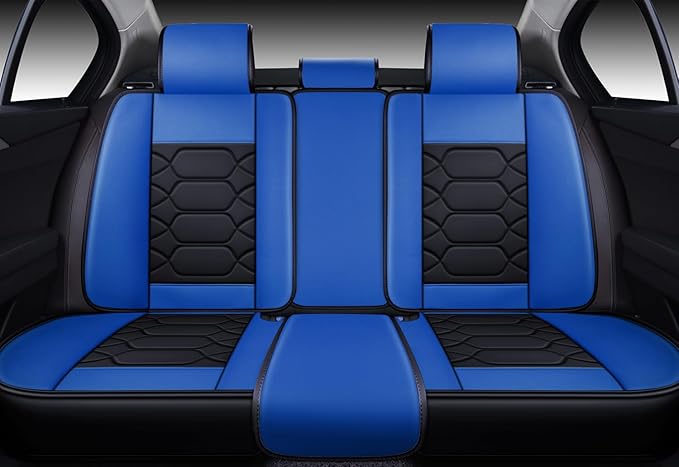 OASIS AUTO Car Seat Covers Full Set, Sporty Faux Leather with Honeycomb Pattern, Waterproof Universal Fit for SUV, Sedan, Pick-up Truck, Automotive Interior Accessories (OS-004 Black&Blue)