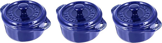 STAUB Ceramic Dutch Oven 3-piece Mini Round Cocotte, Dark Blue