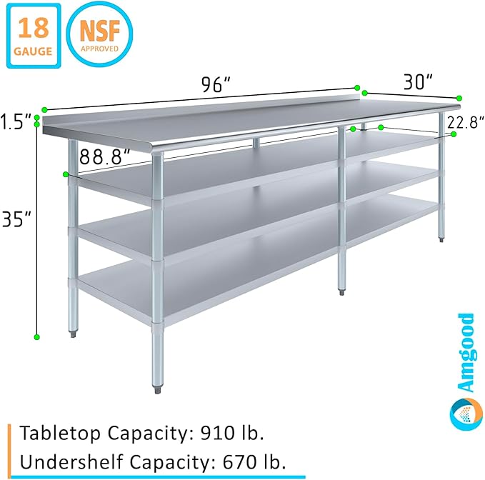 AmGood Stainless Steel Work Table with 1.5" Backsplash and 3 Shelves | Metal Kitchen Food Prep Table | NSF (96" Long x 30" Deep)