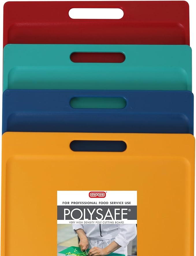Dexas 4-Pack NSF Certified Polysafe Cutting Boards with Handle, 11 x 14.5 Inches, Reversible Kitchen Cutting Board, Assorted Colors