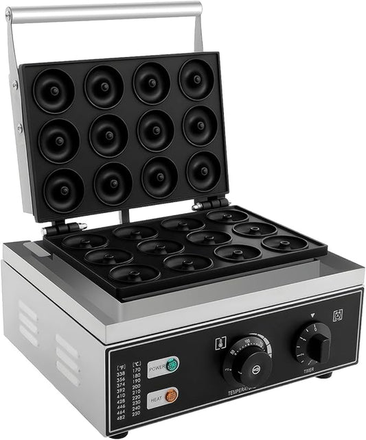 Electric Donut Maker, 110V 1550W Commercial Non-Stick Doughnut Machine 122-572℉ Double-Sided Heating Pancakes Maker Machine w/12 Holes for Parties Kitchen Cafes & Tea Stores