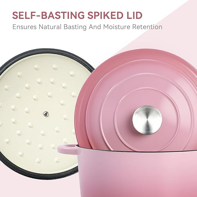 Miereirl 6 Quart Enameled Dutch Oven Pot with Lid, Cast Iron Dutch Oven with Dual Handles for Bread Baking, Cooking, Non-stick Enamel Coated Cookware, Pink