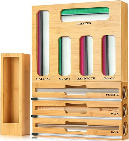 9-in-1 Bamboo Kitchen Drawer Organizer with Cutter – Storage Box for Foil, Plastic Wrap, and Bag Dispenser Compatible with Gallon, Quart, Sandwich & Snack Sizes