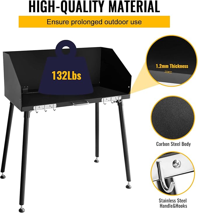 30 x 16 Inch Carbon Steel Dutch Oven Camp Cooking Table with Three-Sided Windscreen and Four Legs for Grill Travel, Outdoor Picnic, Beach, BBQ, Backyards