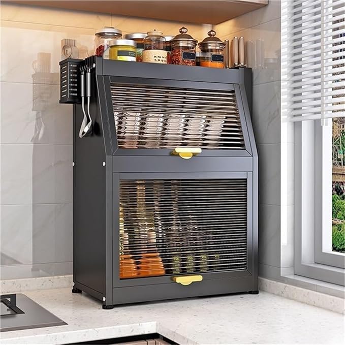 Modern Countertop Storage Cabinet with Acrylic Doors, Multi-Layer Metal Spice Organizer Rack with Knife Holder, Utensil Cage, Hooks, Compact Kitchen Dish Cabinet(Black,12.2 X 8.5IN X 22.4IN)