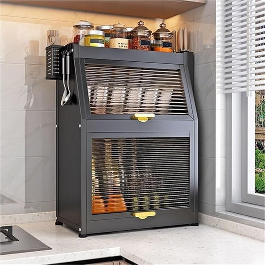Modern Countertop Storage Cabinet with Acrylic Doors, Multi-Layer Metal Spice Organizer Rack with Knife Holder, Utensil Cage, Hooks, Compact Kitchen Dish Cabinet(Black,16.1 X 8.5IN X 22.4IN)
