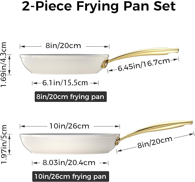 Sanho 2-Piece Nonstick Frying Pan Set (8 & 10 Inch), Diamond-Titanium Ceramic Coating PFAS/PFOA Free, Oven & Dishwasher Safe Skillets, Induction Compatible with Cool Touch PVD Handles