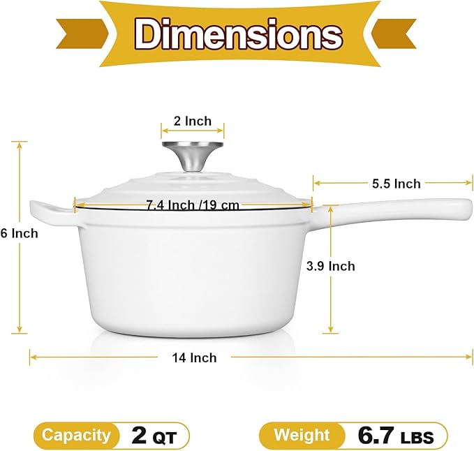 HaSteeL 2 QT Cast Iron Saucepan, Mini Enamel dutch oven with lid, Small Non Stick Pan for Milk, Pasta Tomato Sauce, Butter, Breakfast, Soup, Suitable for Boiling Stewing Frying, Easy to Clean, White