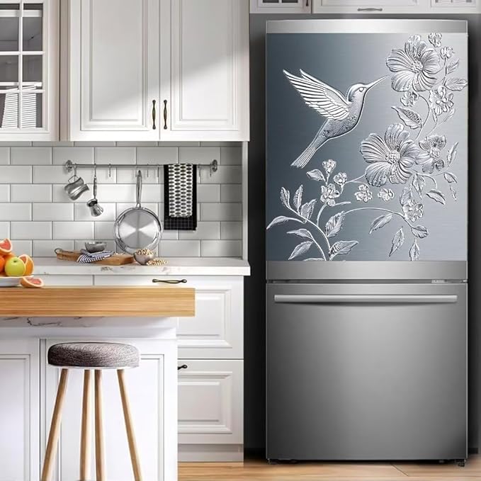 Dishwasher Magnet Cover, Stainless Steel Hummingbird and Flowers Pattern Refrigerator Magnetic Vinyl Sticker for Dishwasher Door, Decorative Kitchen Appliance Panel Decal, 23Wx26H Inches