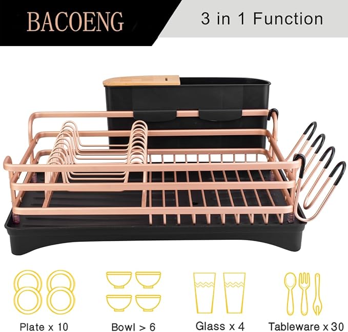 BACOENG Aluminum Dish Drying Rack,Never Rust Dish Rack with Removable Cutlery Holder & Cup Holder, 360° Swivel Spout Drain Board,Gold