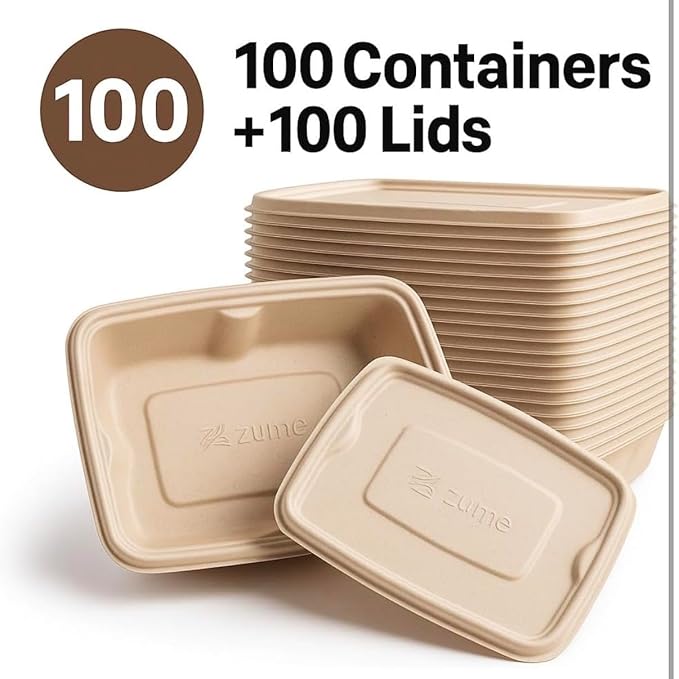 100 Pack 750ml Compostable Food Containers with Lids | Leak-Proof | Microwave & Freezer Safe | Eco-Friendly Meal Prep & Takeout Boxes (200)