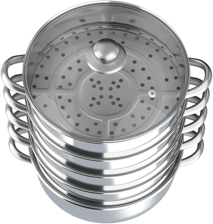 5-Layer Stainless Steel Steamer, 30CM Commercial Food-Grade Steamer Cookware Steaming Pot Tool w/Glass Lid Foods Steamers for Induction Cookers, Electric Ceramic Stoves, Gas Stoves (Silver, 30CM)