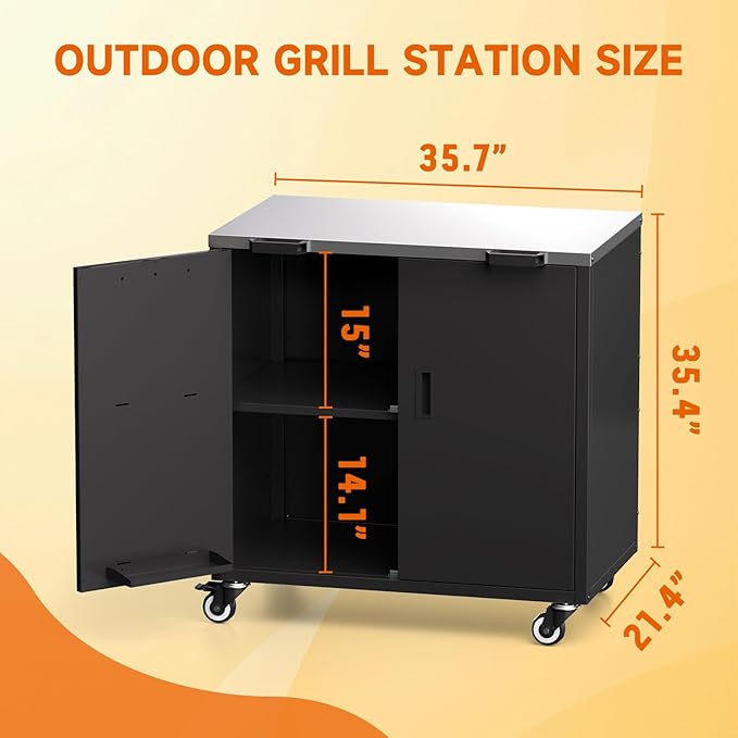 Outdoor Grill Table, Movable Grill Cart with Door, Outdoor Grill Stand with Large Capacity ＆ Hooks, 2 Tier Pizza Oven Table for Outdoor Use