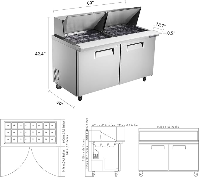 JINSONG 60" Commercial Refrigerator, 2 Door Sandwich Prep Table, Commercial Prep Table Salad Bar Refrigerator with Cutting Board & 24 Pans for Restaurant Kitchen