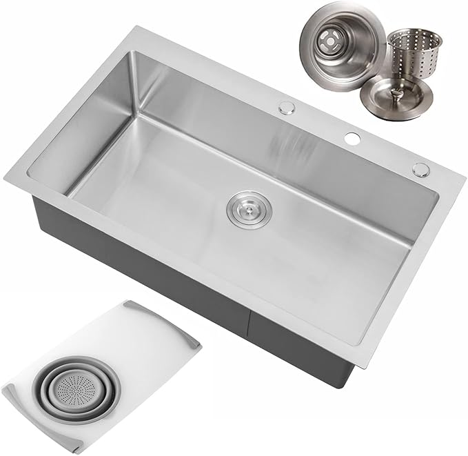 CozyBlock 36 Inches 16-Gauge Stainless Steel Topmount Drop-in Single Bowl Kitchen Sink in Brushed Stainless Steel Finish with Cutting Board and Strainer