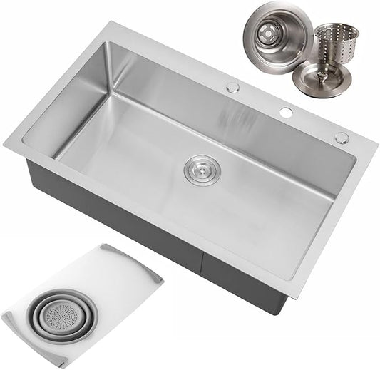 CozyBlock 36 Inches 16-Gauge Stainless Steel Topmount Drop-in Single Bowl Kitchen Sink in Brushed Stainless Steel Finish with Cutting Board and Strainer