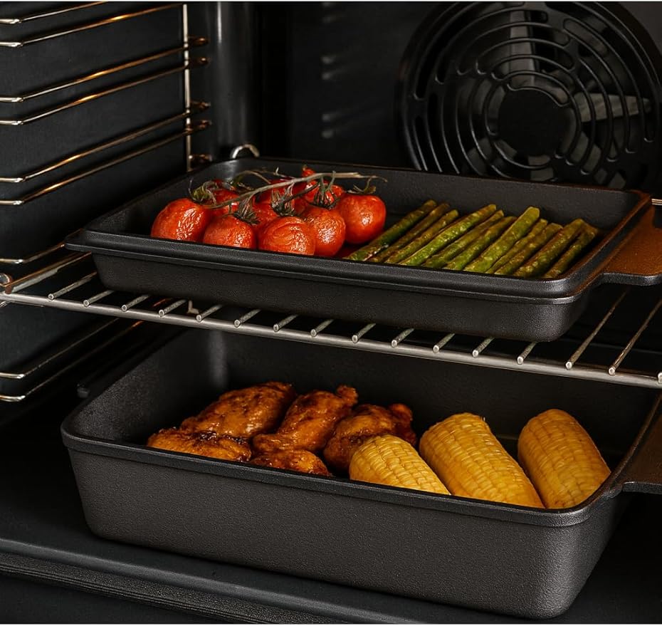 9x15" Casserole Dish-Cast Iron Dutch Oven Roaster with Skillet Lid-2-in-1 Pre-Seasoned Rectangular Baking Pan+Skillet Lid (6 QT)