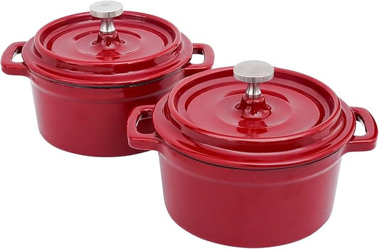Mini Cocotte 8 oz Mini Dutch Oven 0.25 qt. Cast Iron Garlic Roaster for Oven Garlic Confit Pot Ramekins with Lids Oven Safe Set of 2, Red