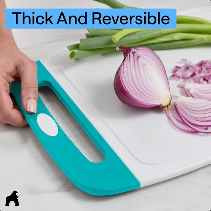 GORILLA GRIP BPA-Free Reversible Kitchen Cutting Board Set of 3, US Designed, Nonporous, Juice Grooves Catch Liquid, Slip Resistant Border, Dishwasher Safe Durable Large Food Chopping Boards Turquoise