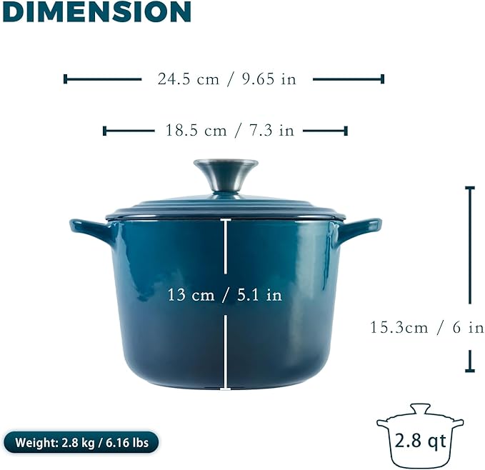Dutch Oven Pot with Lid 2.8 qt Cast Iron Dutch Oven for Bread Baking DarkCyan Enameled Cast Iron Rice Pot with Handels