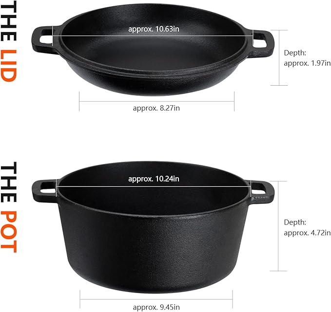 Overmont 2-in-1 Cast Iron Dutch Oven - 5QT Pre-Seasoned All-in-One Casserole Braising Pan with Skillet Lid Cookbook & Silicone Handle Covers - Heavy Duty Oven-Safe Pot for Bread Baking Frying Camping