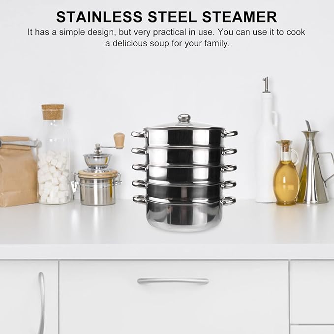 YARNOW 5 Tier Stainless Steel Steamer Pot 14.7 Inch Multifunctional Stockpot for Soup Cooking Large Dishwasher Safe Kitchen Steamer