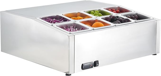 VEVOR Refrigerated Condiment Prep Station, 150 W Countertop Refrigerated Condiment Station, with Eight 1/6 Pans, 304 Stainless Body and PC Lid, Sandwich Prep Table, for Restaurant & Food Stall