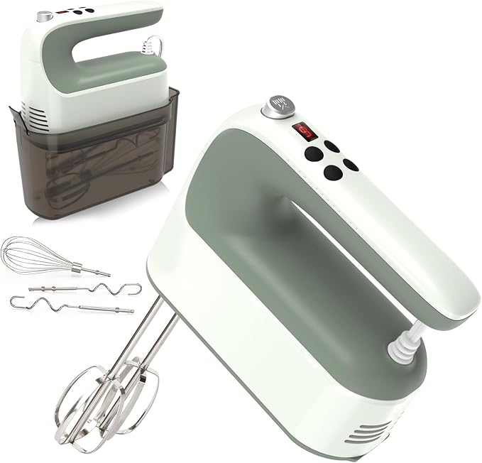 9-Speed Digital Hand Mixer Electric, 400W Powerful DC Motor, Hand Mixer Electric Handheld with Snap-On Storage Case, 5 Stainless Steel Accessories, Beaters, Dough Hooks, Whisk(Light Green)