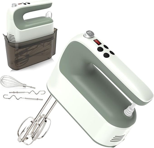 9-Speed Digital Hand Mixer Electric, 400W Powerful DC Motor, Hand Mixer Electric Handheld with Snap-On Storage Case, 5 Stainless Steel Accessories, Beaters, Dough Hooks, Whisk(Light Green)