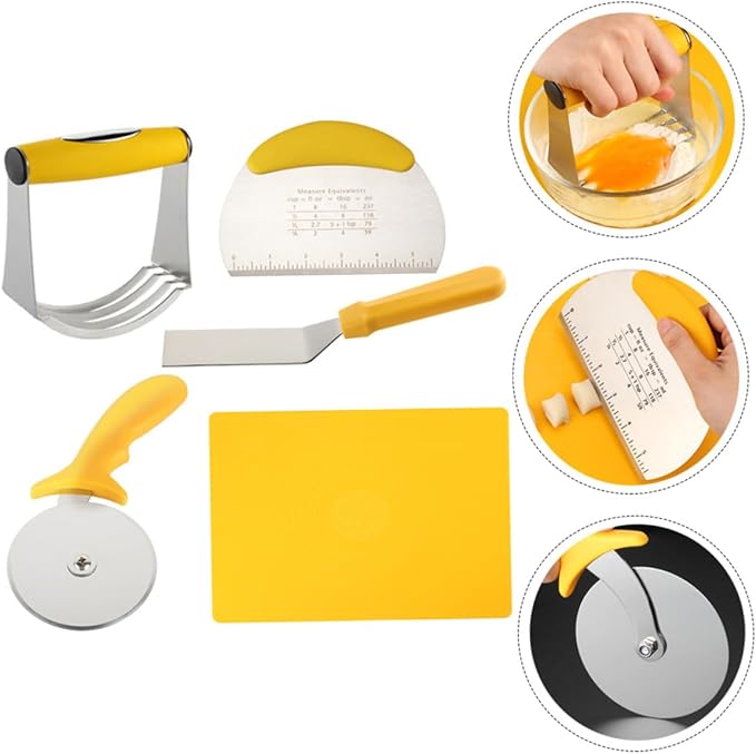 5pcs Baking Tool Set Stainless Steel Pizza Cutter Dough Chopper Kneading Mat with Scale for Homemade Pizza and Pastry Kitchen Dough Tools for Baking Enthusiasts
