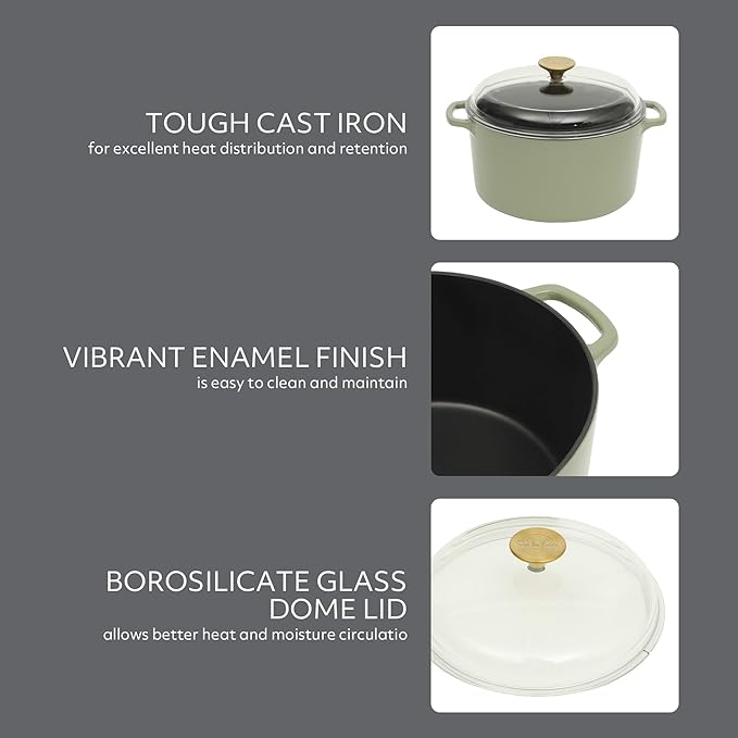 Sur La Table Kitchen Essential Supper Club 5-Quart Enamel-Coated Cast Iron Dutch Oven Pot with Oven Safe Glass Lid, Oven-to-Table Cookware for Bread, Soups, Stews & Braising - Juniper Green