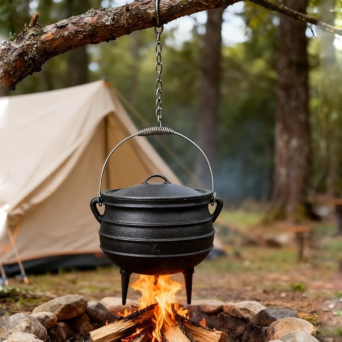 Pre-Seasoned Cast Iron Cauldron - 6 Quart African Potjie Pot with Lid - 3-Legged Dutch Oven for Camping and Over-the-Fire Cooking - Durable Outdoor Cookware
