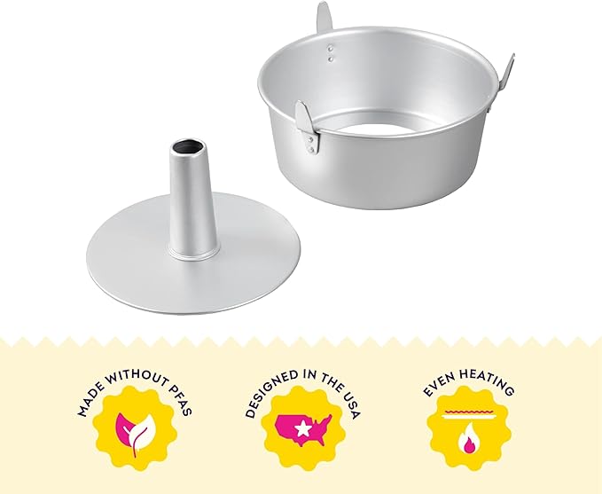 Wilton 10 Inch Angel Food Tube Cake Pan, Even Heating Aluminum Bakeware for Cakes, Made without PFAS, Packaging May Vary