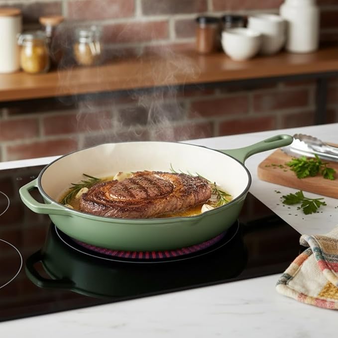 Hamilton Beach Enameled Cast Iron Fry Pan 12-Inch Sage, Cream Enamel Coating, Skillet Pan For Stove top and Oven, Even Heat Distribution, Durable