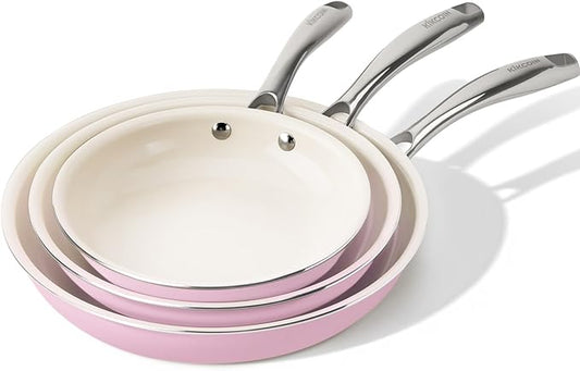 Kikcoin Non Stick Frying Pans Set, 3 Pack Ceramic Frying Pan with Stay Cool Handle, 8+9.5+11 Inch Nonstick Omelet Pan Non Toxic Egg Pans for Cooking, Induction Ready, Oven/Dishwasher Safe (Pink)
