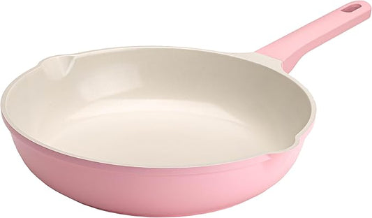 Paris Hilton Ceramic Cast Aluminum Nonstick Fry Pan, Fast & Even Heating with Easy Pour Spouts & Comfort-Grip Handle, 11-Inch, Pink