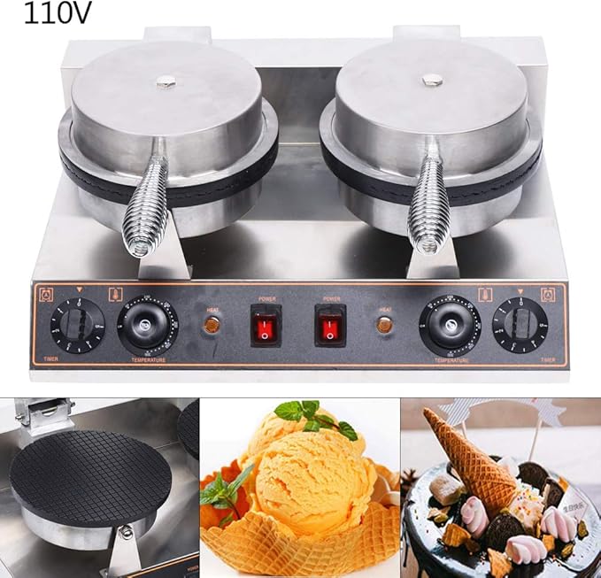 LYNICESHOP Commercial Waffle Cone Maker, 2 Grids Commercial Waffle Maker Nonstick Cone Ice Cream Waffle Baking Machine Electric Stainless Steel Egg Roll Mold Nonstick Waffle Cone Maker