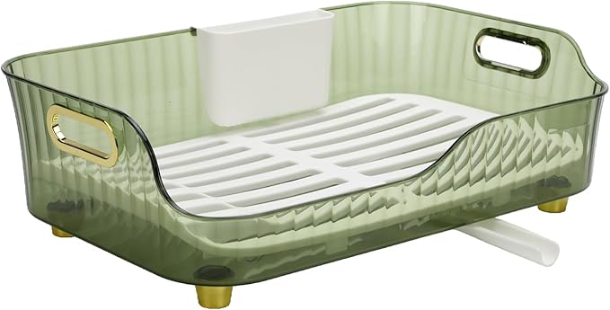 Dish Drying Rack, Plastic Dish Rack, Large Capacity Dish Drainer Rack, Space Saving Plate Drying Rack, Clear Kitchen Draining Rack for Chopsticks Bowl Plate Spoon (Green)
