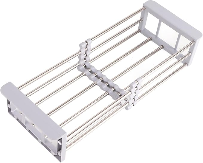 Cyrank Dish Drying Rack, Over The Sink PET Kitchen Rack, Expandable Drain Basket, Adjustable Stainless Steel Strainer, S#Grey