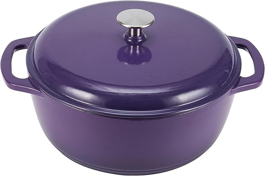 Amazon Basics Enameled Cast Iron Dutch Oven Pot with Lid, Round, Dual Handles, Heavy-Duty, Oven Safe for Stews, Roasting, Baking, 6-Quart, Purple
