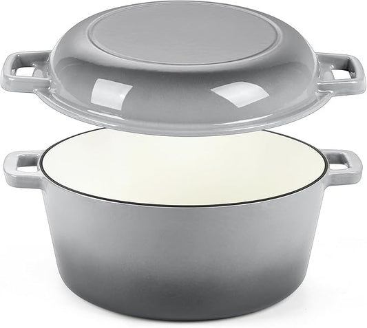 P&P CHEF 5Qt Dutch Oven Pot for Bread Baking (Gray), 2 In 1 Round Cast Iron Dutch Oven with Lid Set, Skillet & Pot for Roasting Braising Stewing Frying Simmering, Multi Stoves & Oven Safe