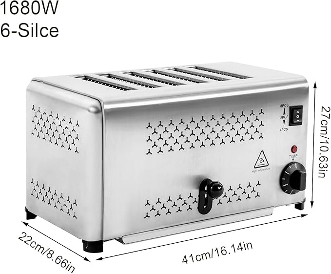Electric 6 Slice Toaster, Stainless Steel Bread Baking Machine Commercial Toaster with Crumb Tray and Adjustable Timer Bread Making Tool for Home Kitchen Restaurant Bakery (3 Modes/1650W)