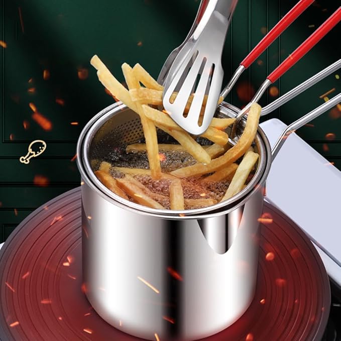 Cabilock Deep Fryer with Basket 4.7 Inch Compact Frying Pot with Perforated Strainer for French Fries Fish Shrimp Chicken Wings Kitchen Appliance