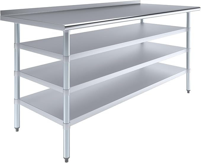 AmGood Stainless Steel Work Table with 1.5" Backsplash and 3 Shelves | Metal Kitchen Food Prep Table | NSF (72" Long x 30" Deep)